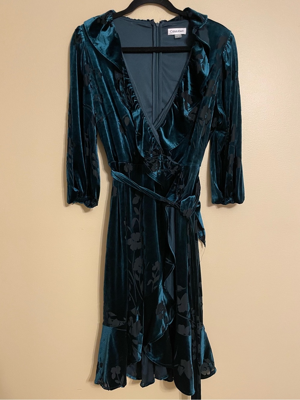 Calvin Klein emerald green Floral Burnout Velvet wrap Dress size 14